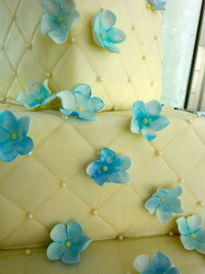 Lozenge effect fondant cake with blue hued sugar flowers.
Raleigh, NC
