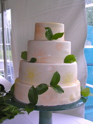 Bright suns and lemon leaves on fondant wedding cake.
Raleigh, NC