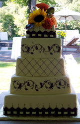 Chocolate stitching and stencil on fondant wedding cake.
Durham, NC
