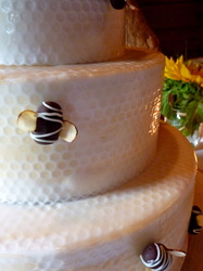 The bee cake!
Chocolate bees buzzing on a beehive fondant wedding cake.
Carboro, NC